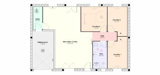 Plan de maison Surface terrain 84 m2 - 4 pièces - 3  chambres -  avec garage 